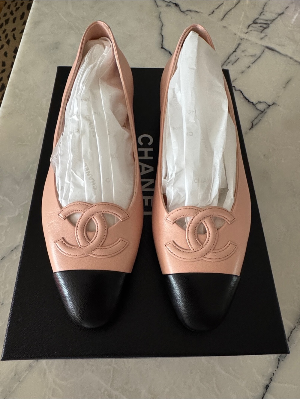 CHANEL Pink and Black CC Cap-Toe Leather Ballet Flats